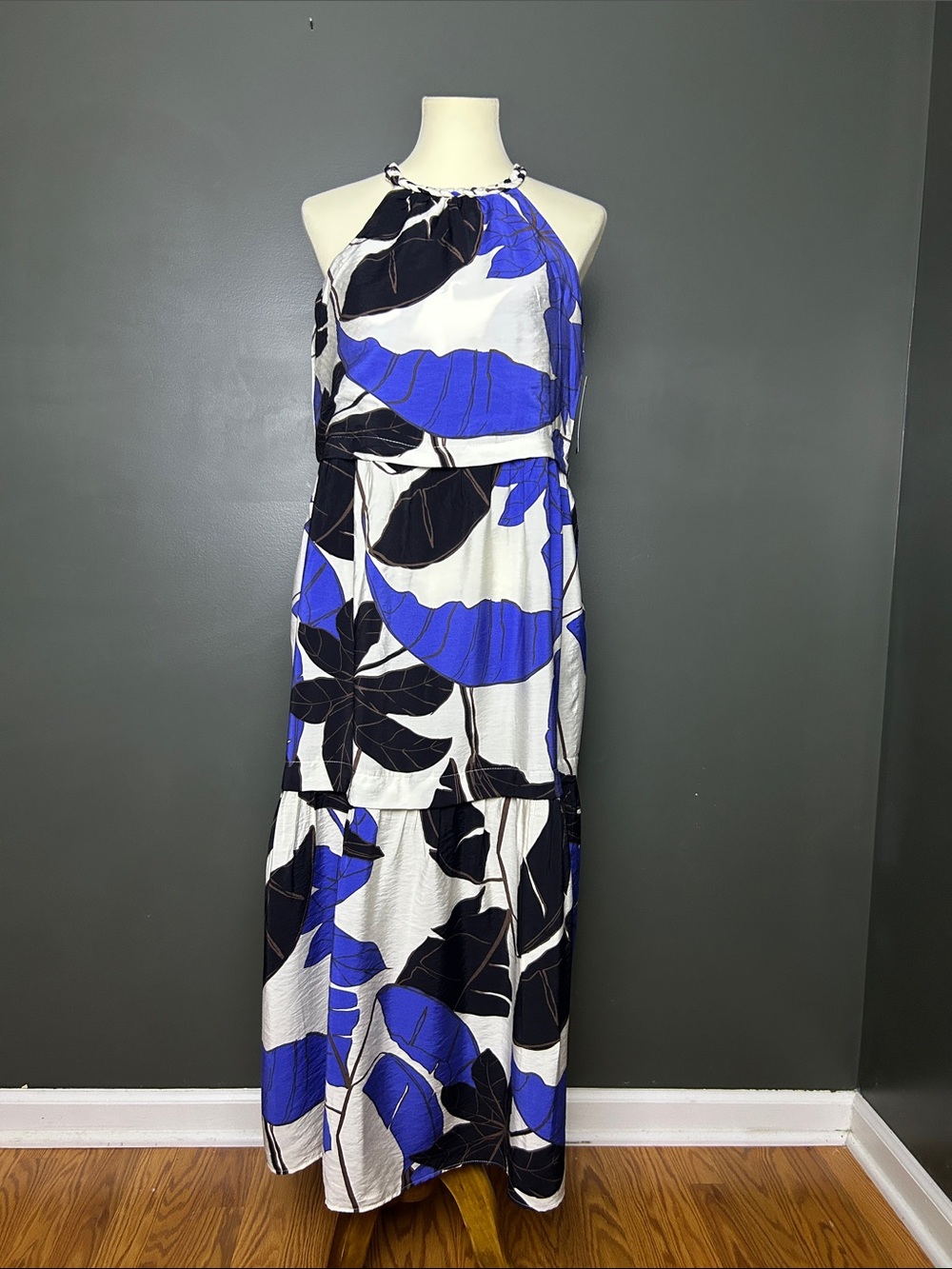 Halter Tiered Maxi Dress in Blue & Black Leaf Print